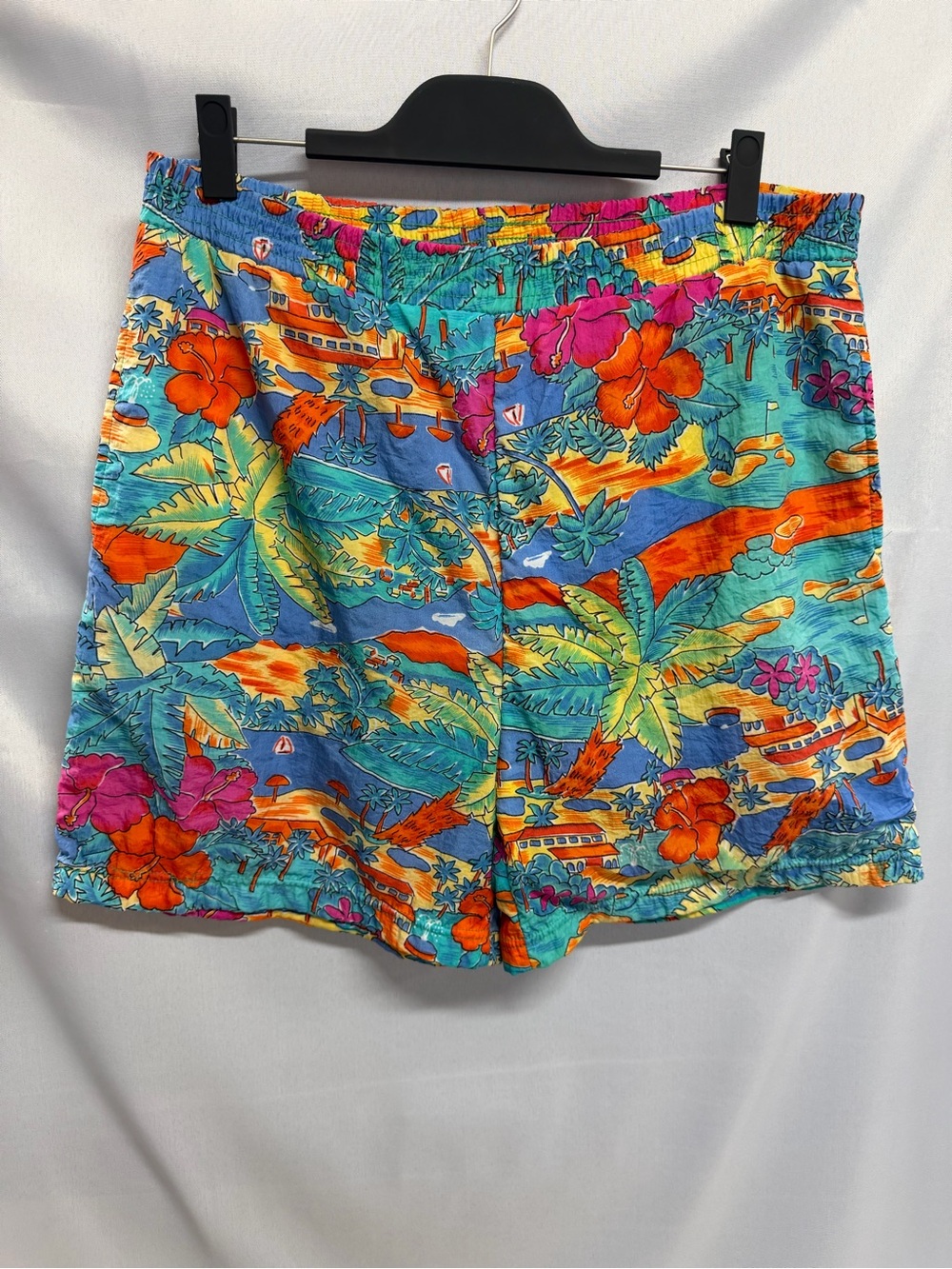 Vintage 90s Men's Tropical Print Swim Shorts Blue Orange Hawaiian Palm Print Lg